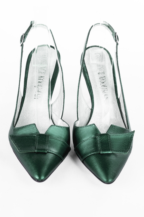 Emerald green women's open back shoes, with a knot. Tapered toe. High slim heel. Top view - Florence KOOIJMAN